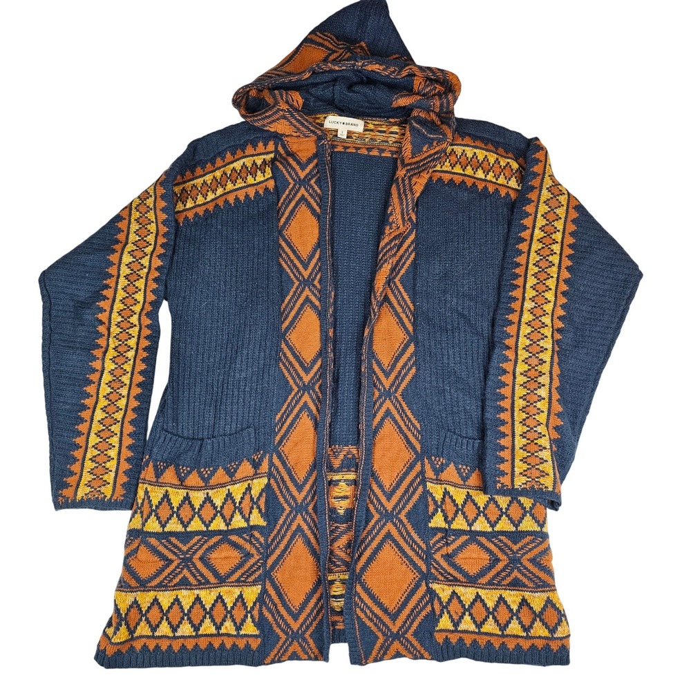 Lucky Brand Womens Large Southwestern Hooded Cardigan Navy Orange Geometric Knit
